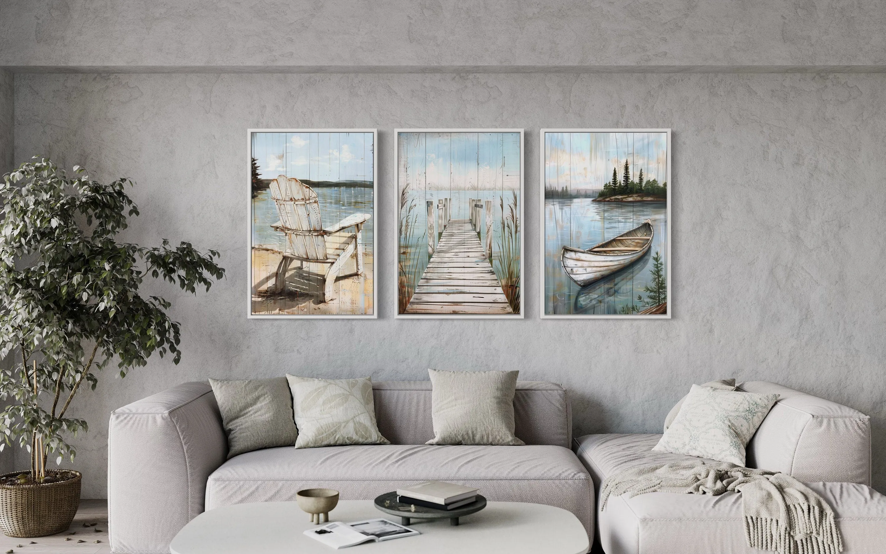 3 Piece Lake House Wall Art - Fishing Dock, Old Boat And  Adirondack Chair