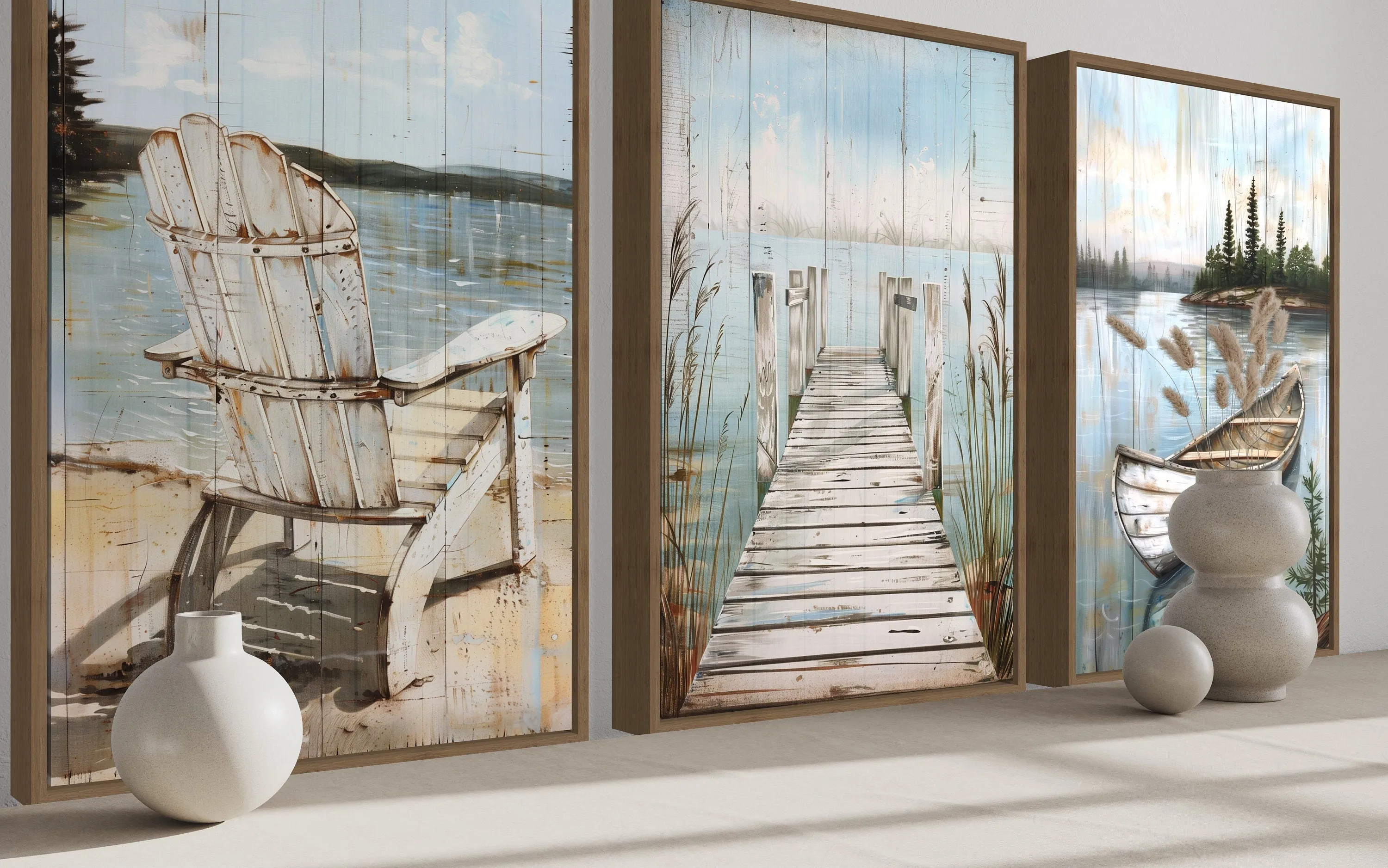 3 Piece Lake House Wall Art - Fishing Dock, Old Boat And  Adirondack Chair