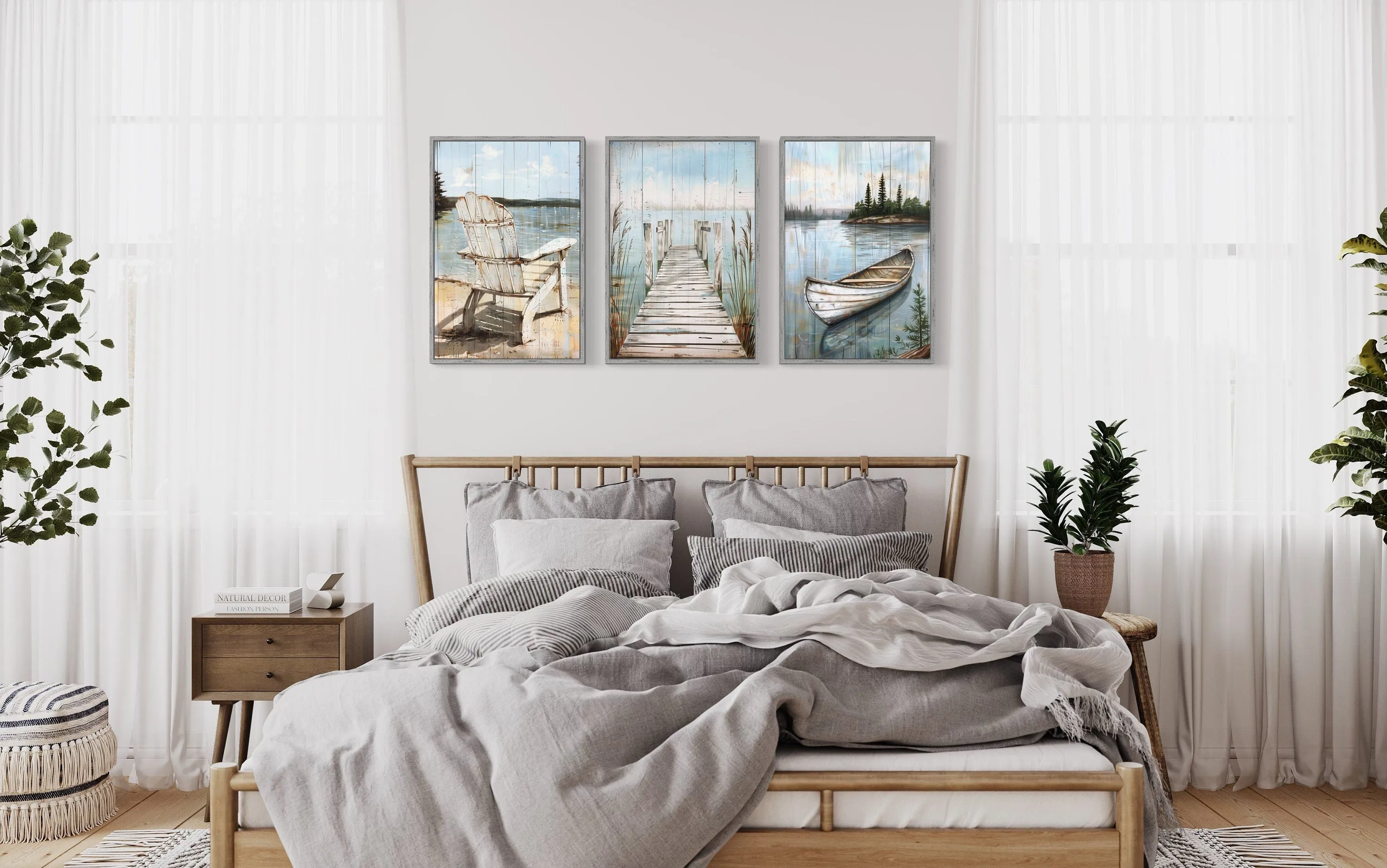 3 Piece Lake House Wall Art - Fishing Dock, Old Boat And  Adirondack Chair