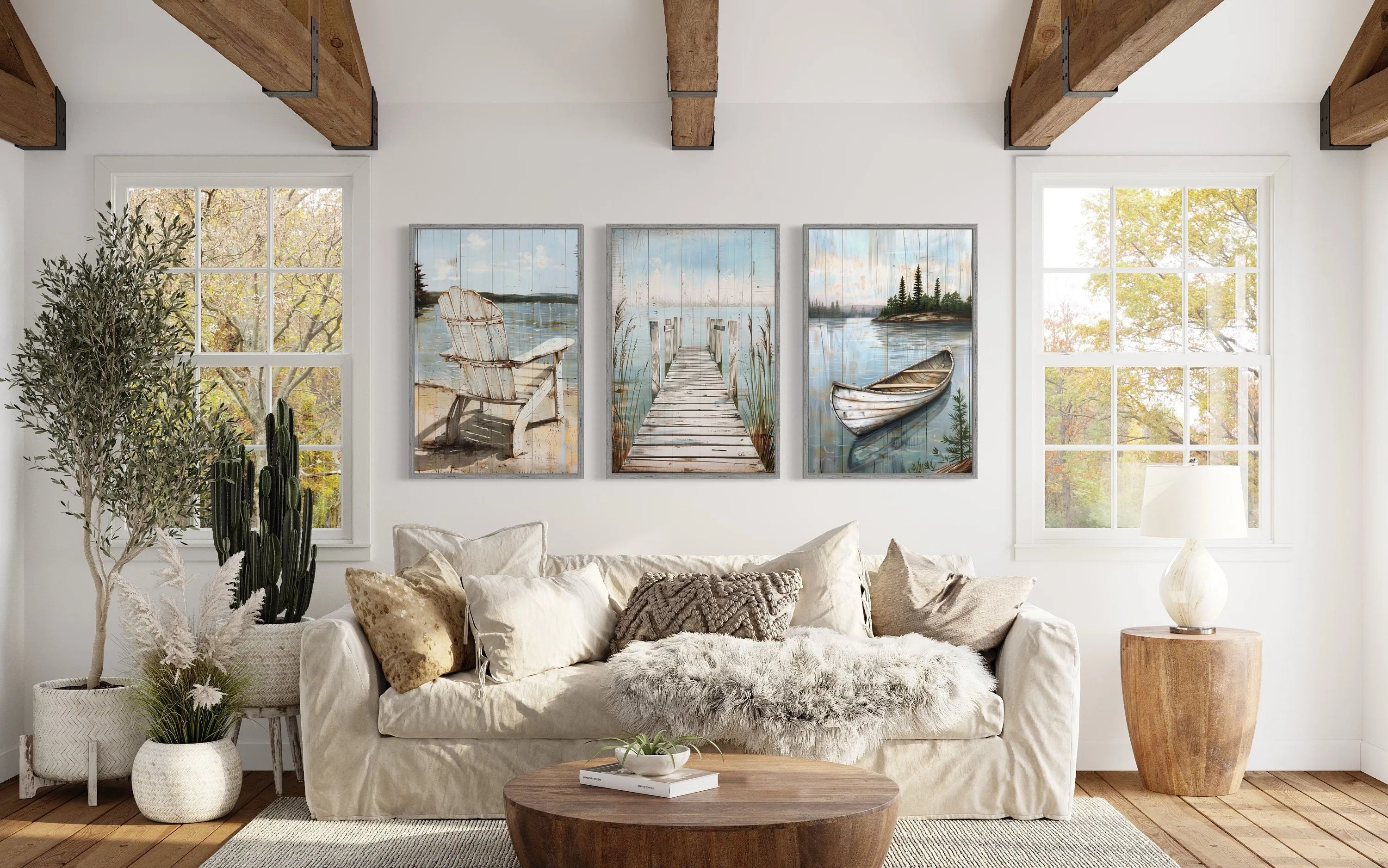 3 Piece Lake House Wall Art - Fishing Dock, Old Boat And  Adirondack Chair