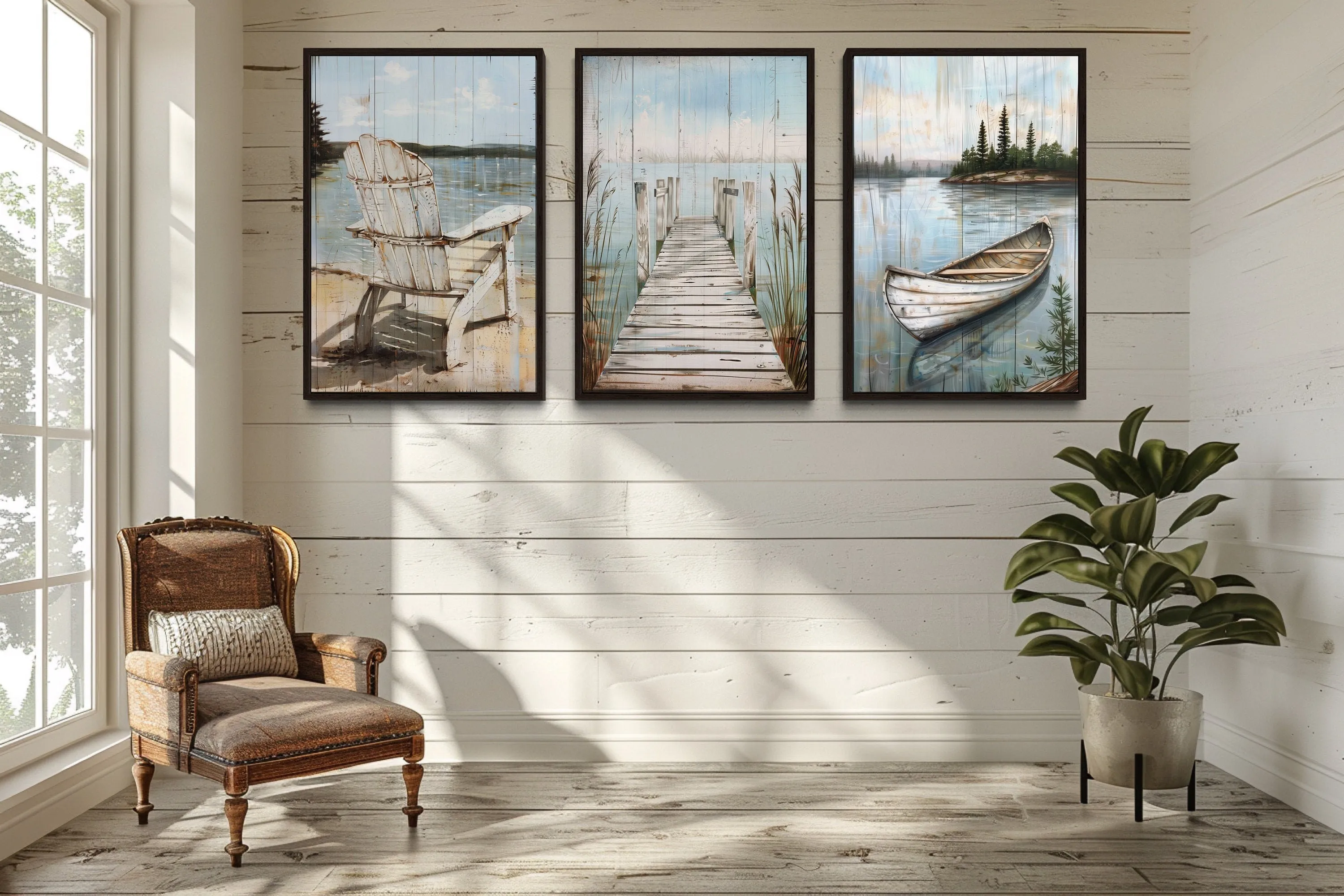 3 Piece Lake House Wall Art - Fishing Dock, Old Boat And  Adirondack Chair