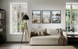 3 Piece Lake House Wall Art - Fishing Dock, Old Boat And  Adirondack Chair
