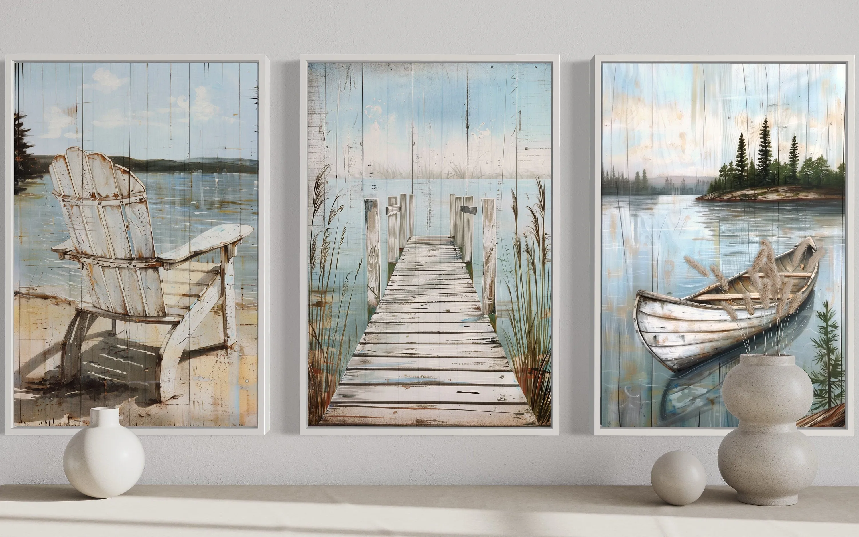 3 Piece Lake House Wall Art - Fishing Dock, Old Boat And  Adirondack Chair