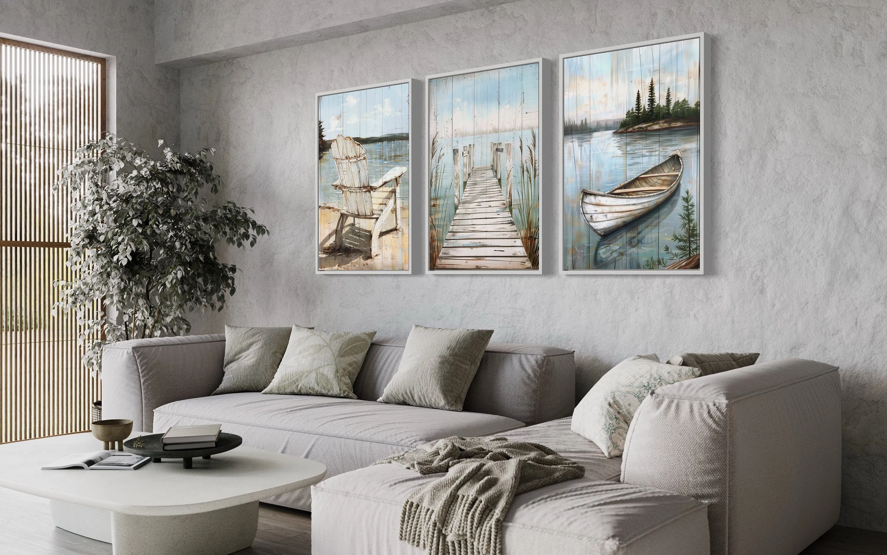3 Piece Lake House Wall Art - Fishing Dock, Old Boat And  Adirondack Chair