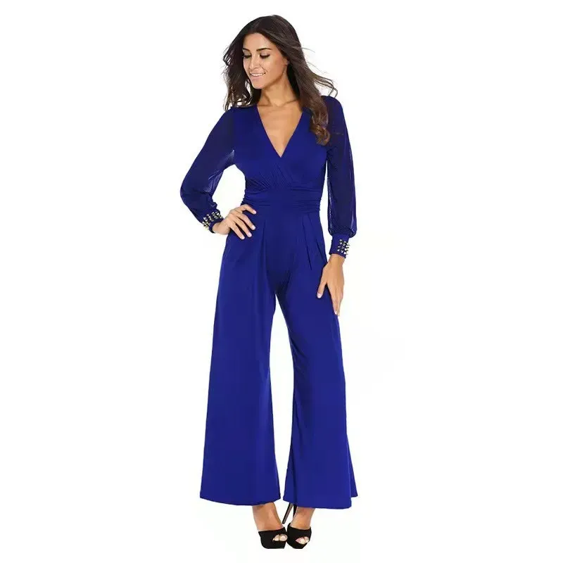 Aaliyah Sheer Sleeve V-Neck Pleated Wide-Leg Jumpsuit