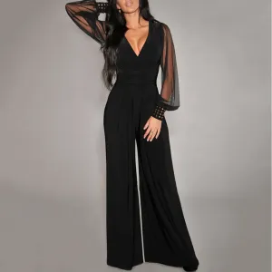 Aaliyah Sheer Sleeve V-Neck Pleated Wide-Leg Jumpsuit