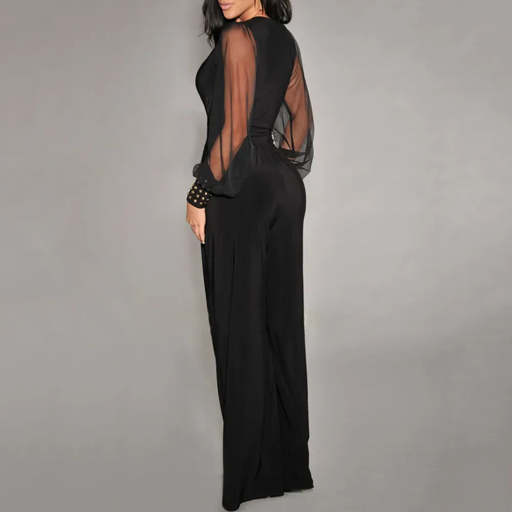 Aaliyah Sheer Sleeve V-Neck Pleated Wide-Leg Jumpsuit