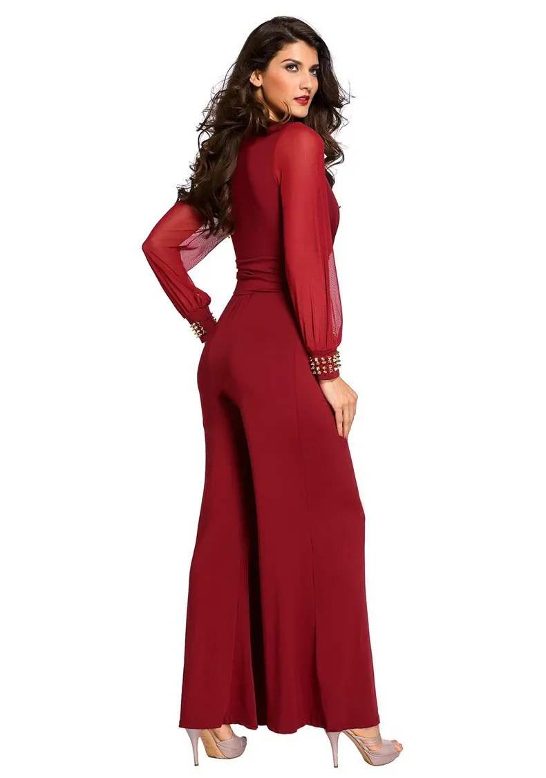 Aaliyah Sheer Sleeve V-Neck Pleated Wide-Leg Jumpsuit