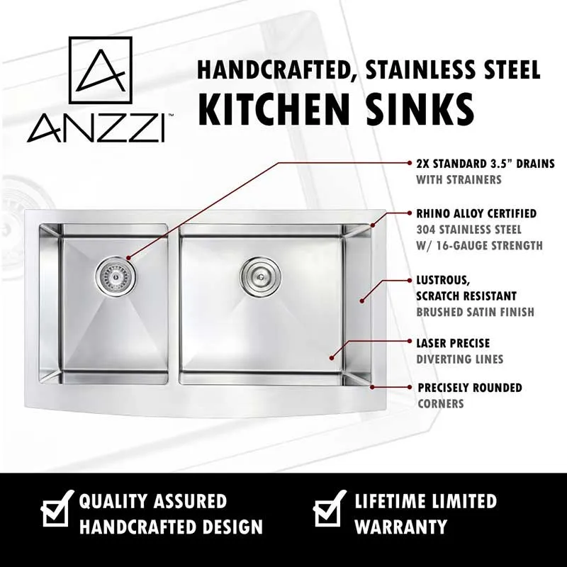 Anzzi ELYSIAN Series 33 in. Farm House 40/60 Dual Basin Handmade Stainless Steel Kitchen Sink