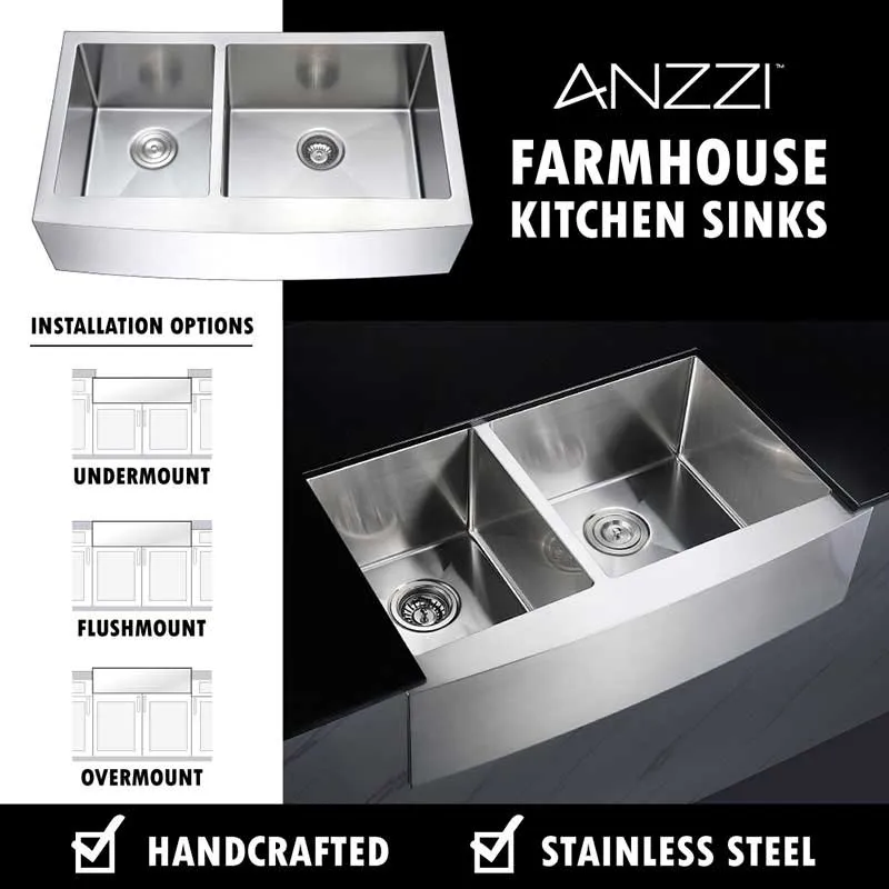 Anzzi ELYSIAN Series 33 in. Farm House 40/60 Dual Basin Handmade Stainless Steel Kitchen Sink
