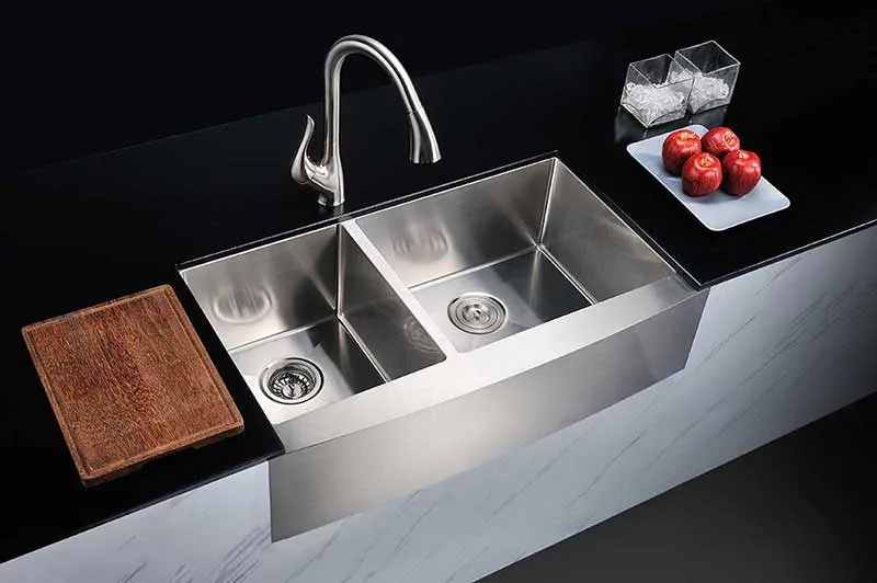Anzzi ELYSIAN Series 33 in. Farm House 40/60 Dual Basin Handmade Stainless Steel Kitchen Sink