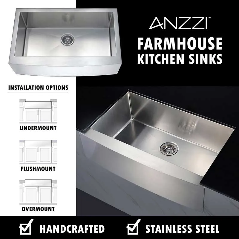 Anzzi ELYSIAN Series 36 in. Farm House Single Basin Handmade Stainless Steel Kitchen Sink