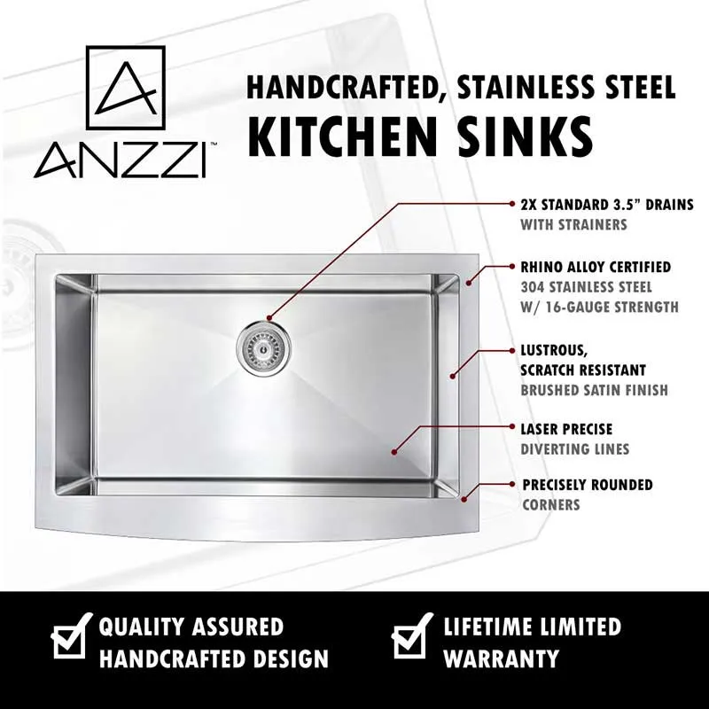 Anzzi ELYSIAN Series 36 in. Farm House Single Basin Handmade Stainless Steel Kitchen Sink