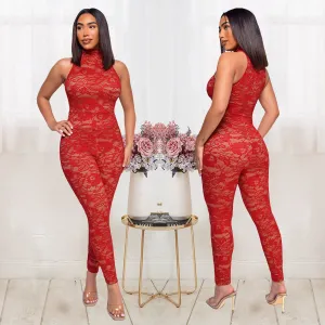 Bambi Sleeveless Sheer Lace Bodycon Mock Neck Jumpsuit