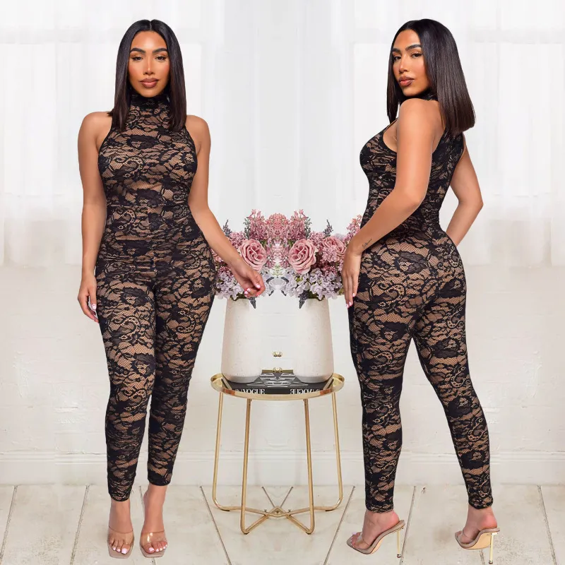 Bambi Sleeveless Sheer Lace Bodycon Mock Neck Jumpsuit