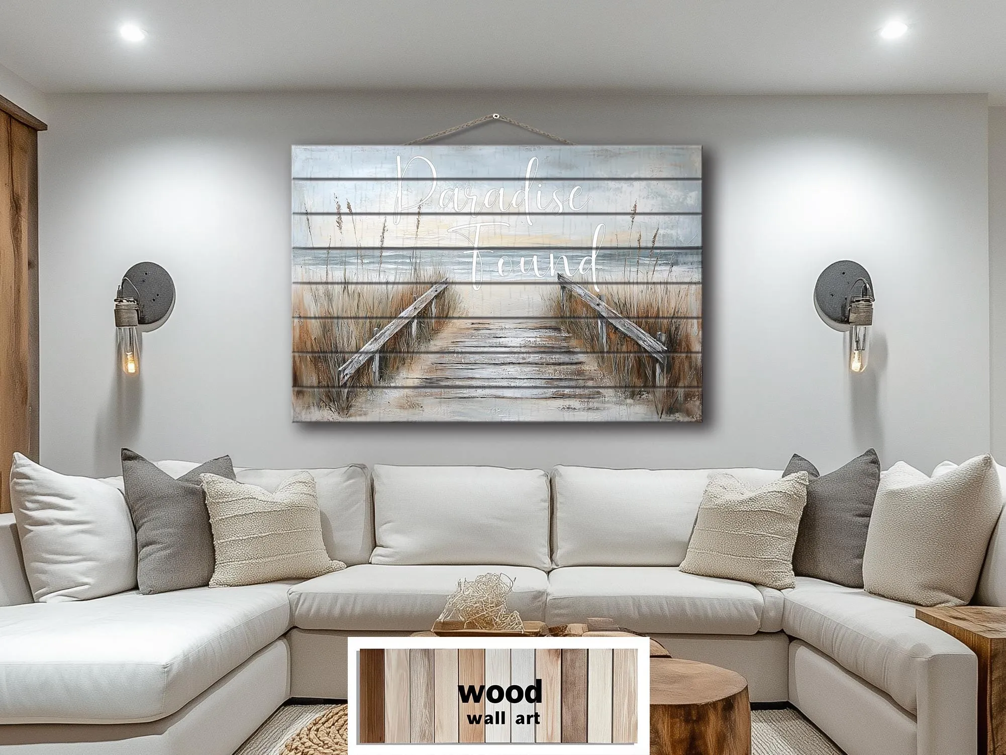 Beach Sign Wood Wall Art – Paradise Found Rustic Coastal Pier Print on Wood Planks