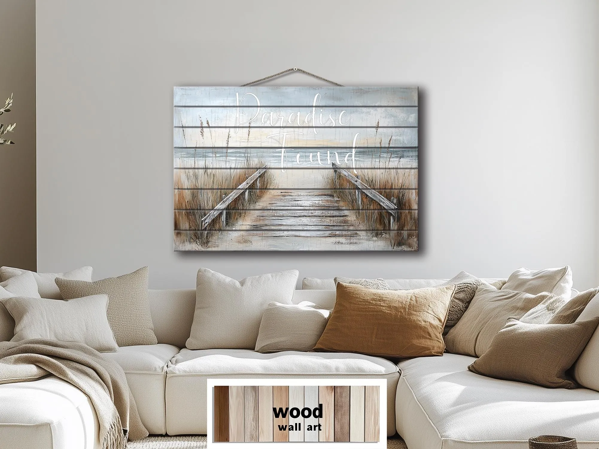 Beach Sign Wood Wall Art – Paradise Found Rustic Coastal Pier Print on Wood Planks