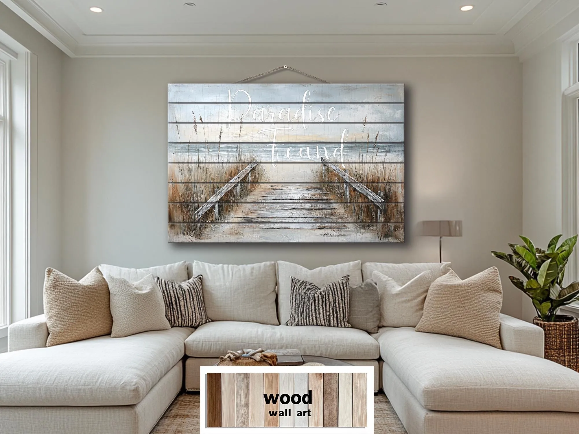 Beach Sign Wood Wall Art – Paradise Found Rustic Coastal Pier Print on Wood Planks
