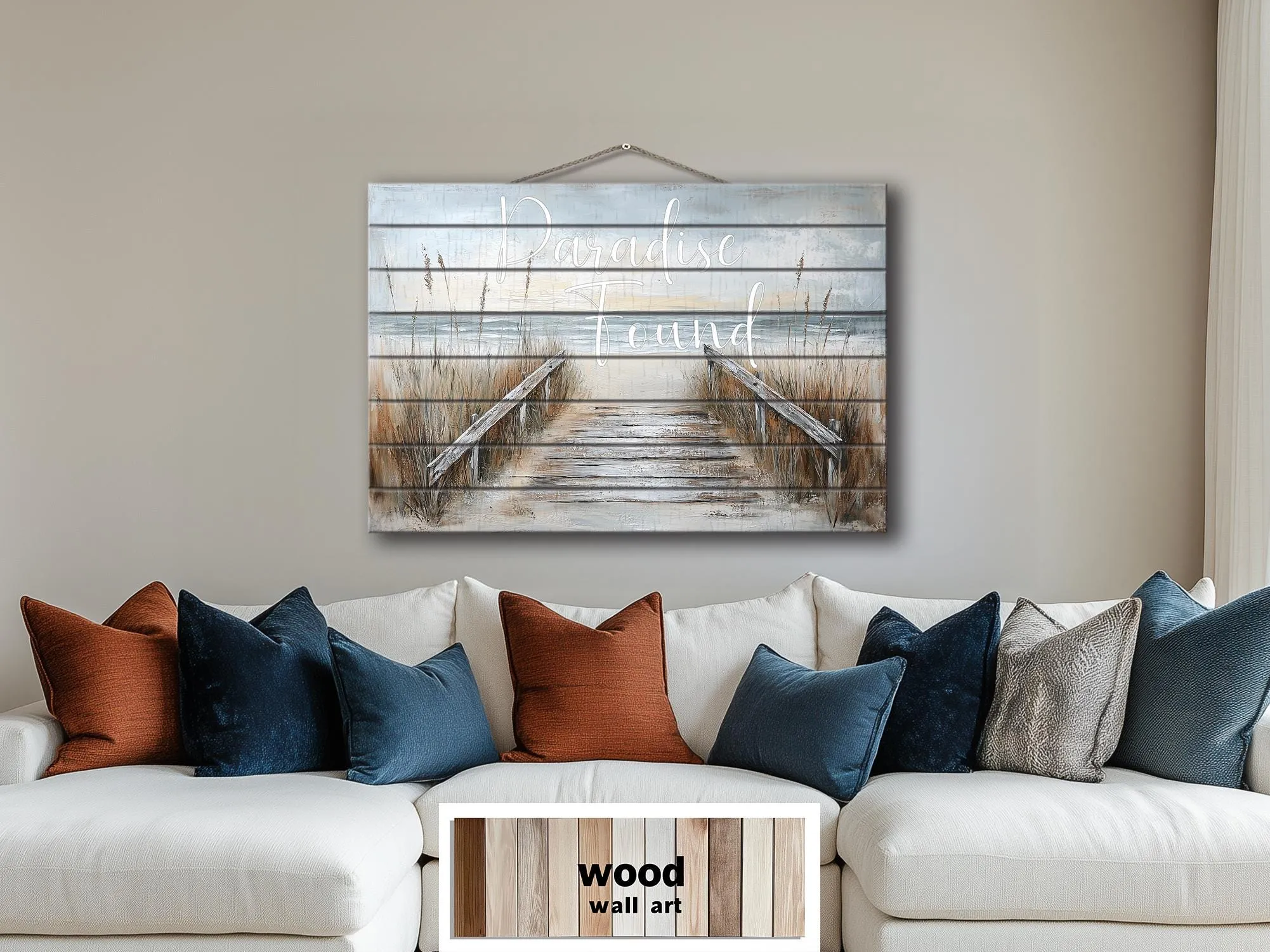 Beach Sign Wood Wall Art – Paradise Found Rustic Coastal Pier Print on Wood Planks