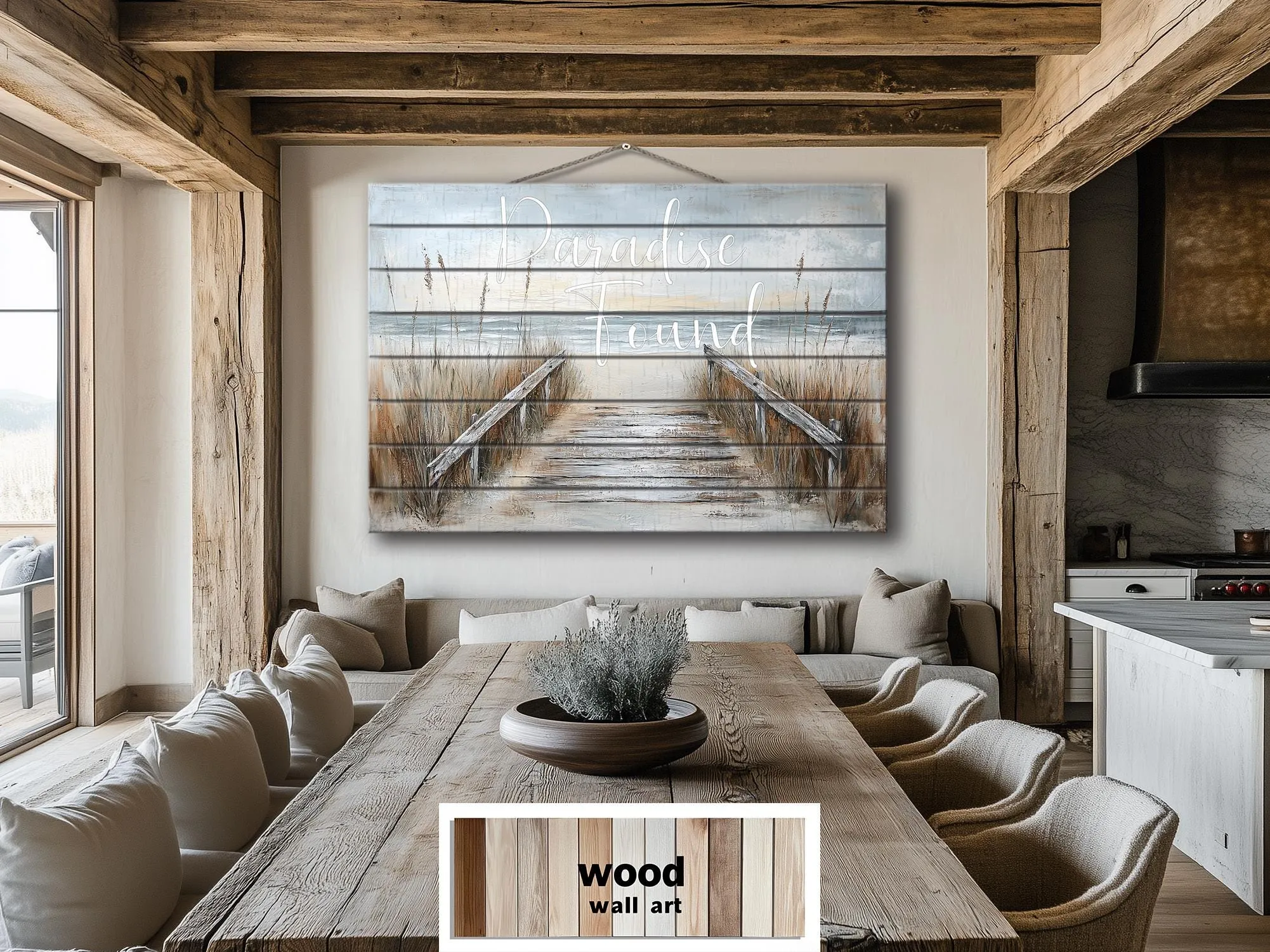 Beach Sign Wood Wall Art – Paradise Found Rustic Coastal Pier Print on Wood Planks