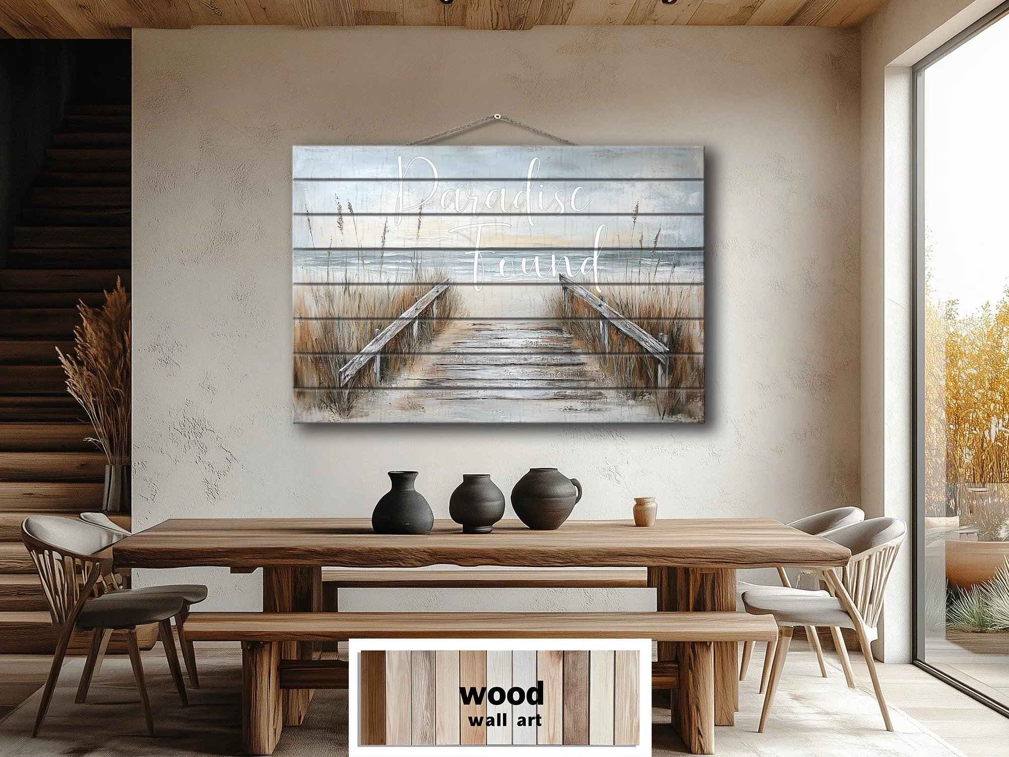 Beach Sign Wood Wall Art – Paradise Found Rustic Coastal Pier Print on Wood Planks