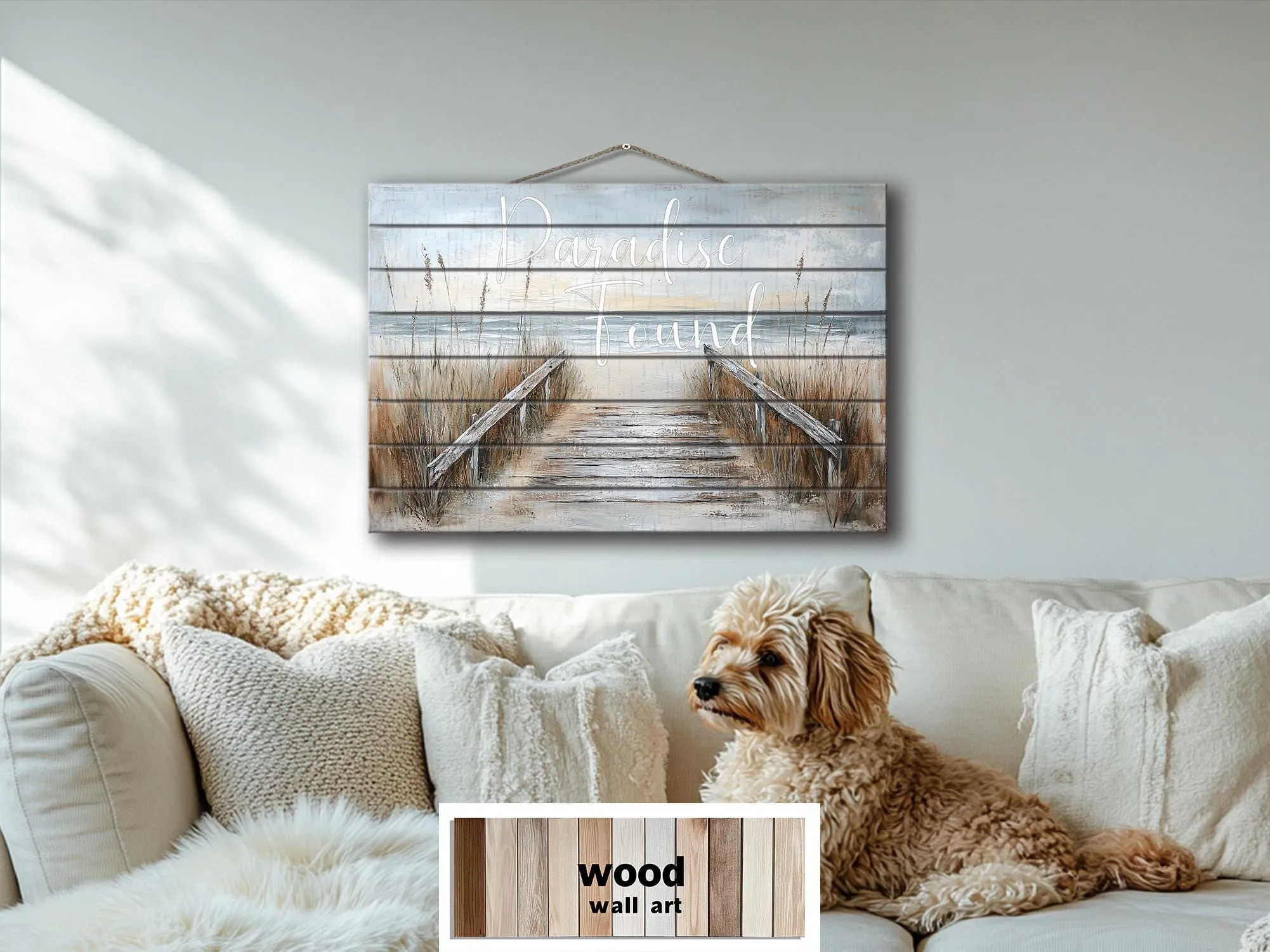 Beach Sign Wood Wall Art – Paradise Found Rustic Coastal Pier Print on Wood Planks