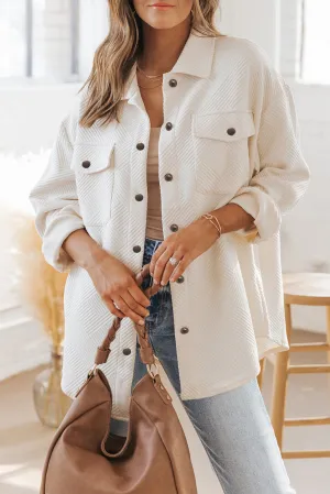 Beige Solid Textured Flap Pocket Buttoned Shacket