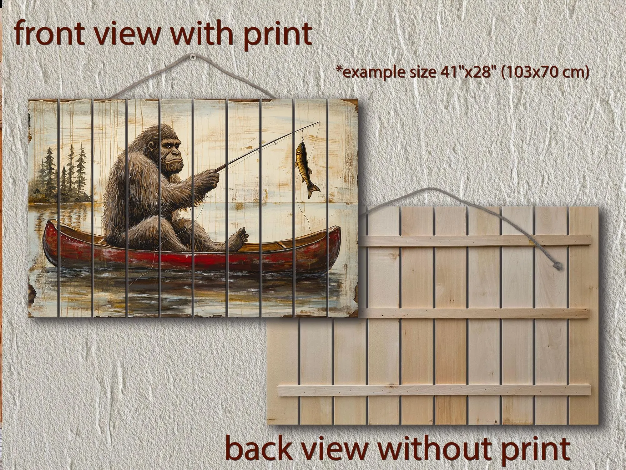 Bigfoot Fishing In Red Canoe Distressed Wood Wall Art