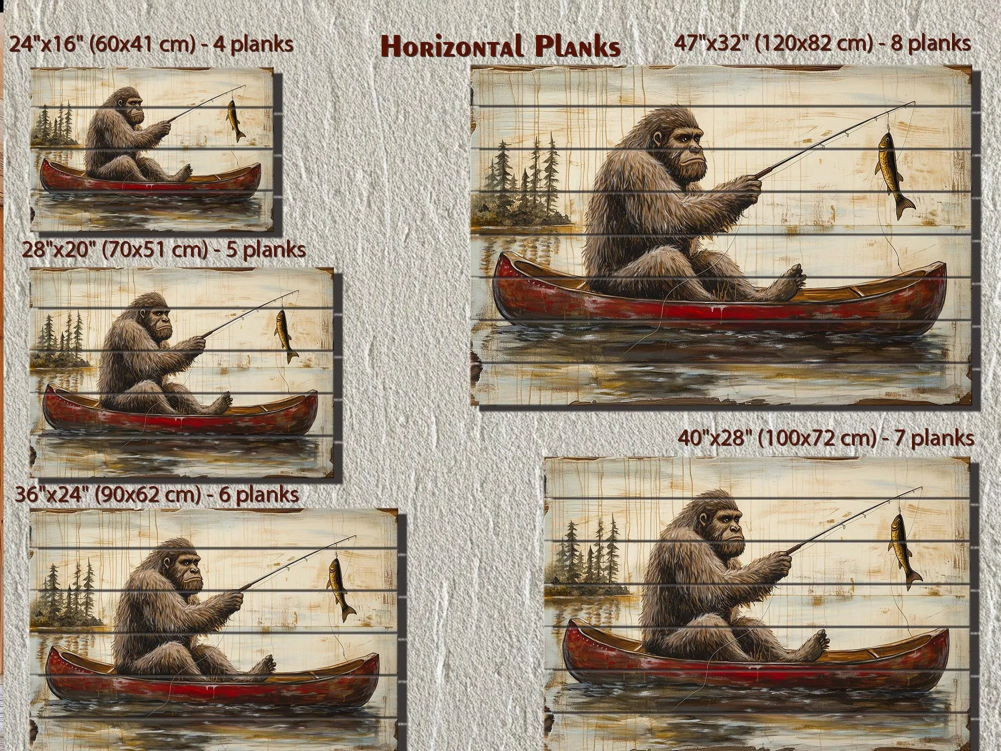 Bigfoot Fishing In Red Canoe Distressed Wood Wall Art