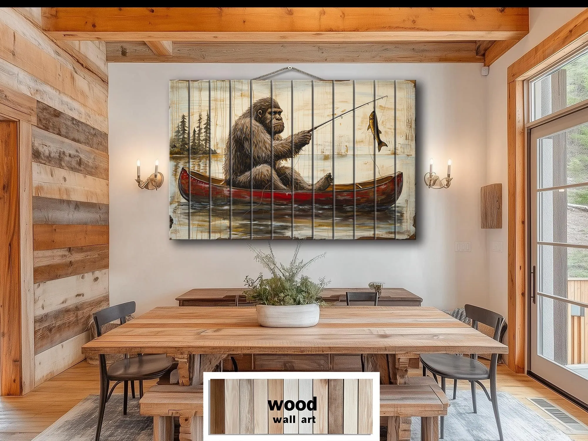 Bigfoot Fishing In Red Canoe Distressed Wood Wall Art