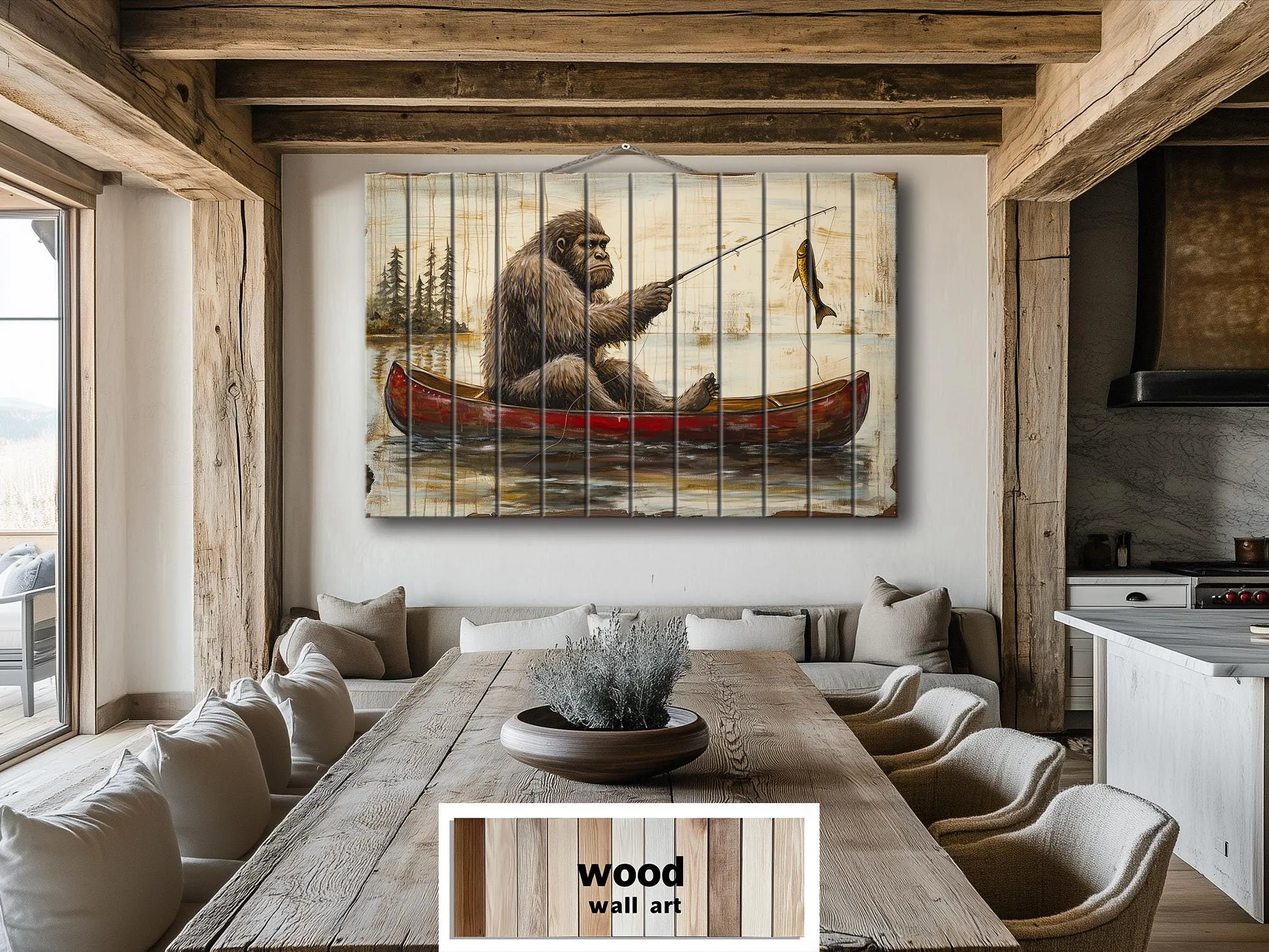 Bigfoot Fishing In Red Canoe Distressed Wood Wall Art