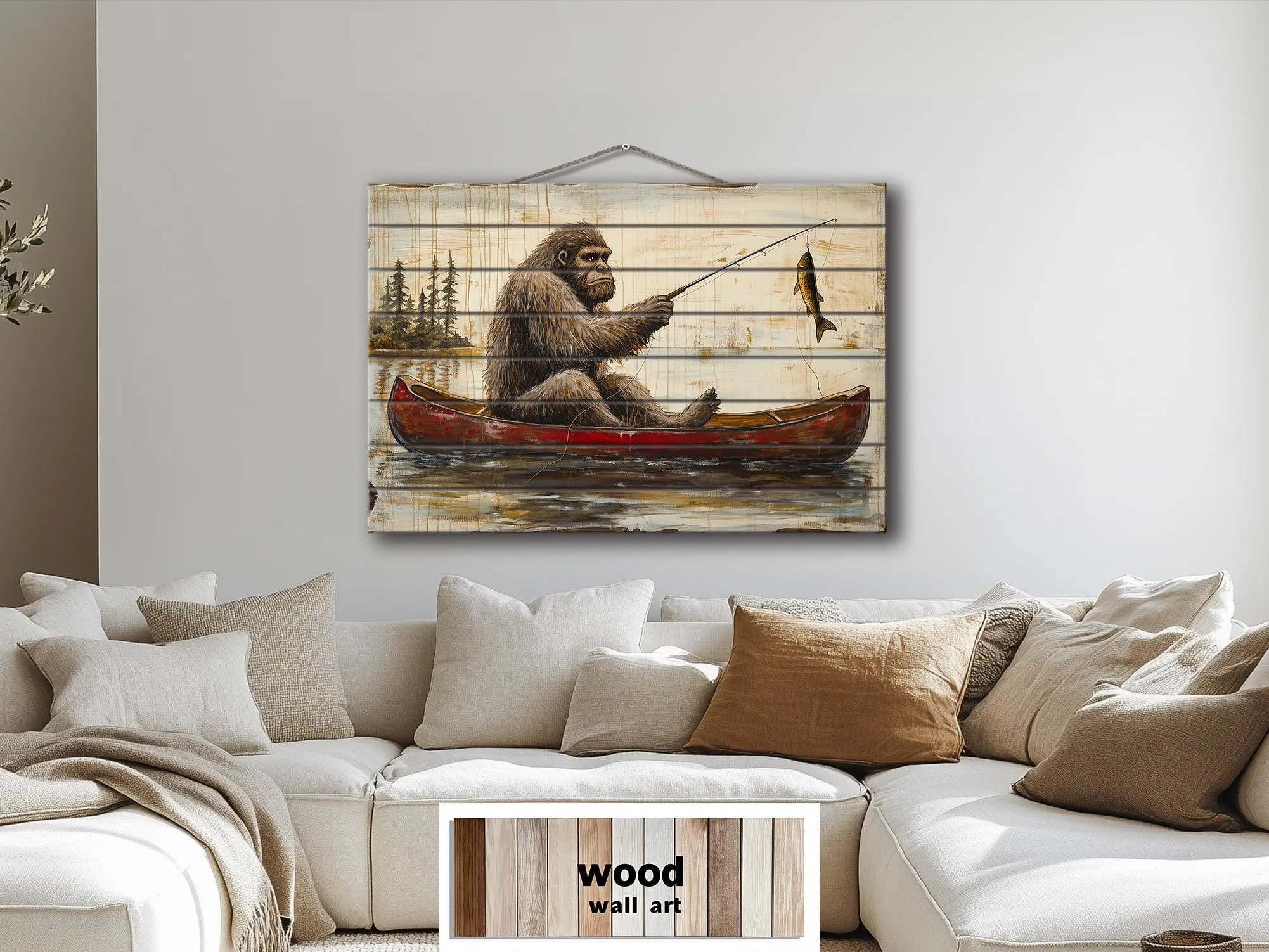 Bigfoot Fishing In Red Canoe Distressed Wood Wall Art