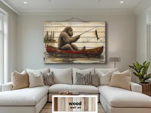 Bigfoot Fishing In Red Canoe Distressed Wood Wall Art