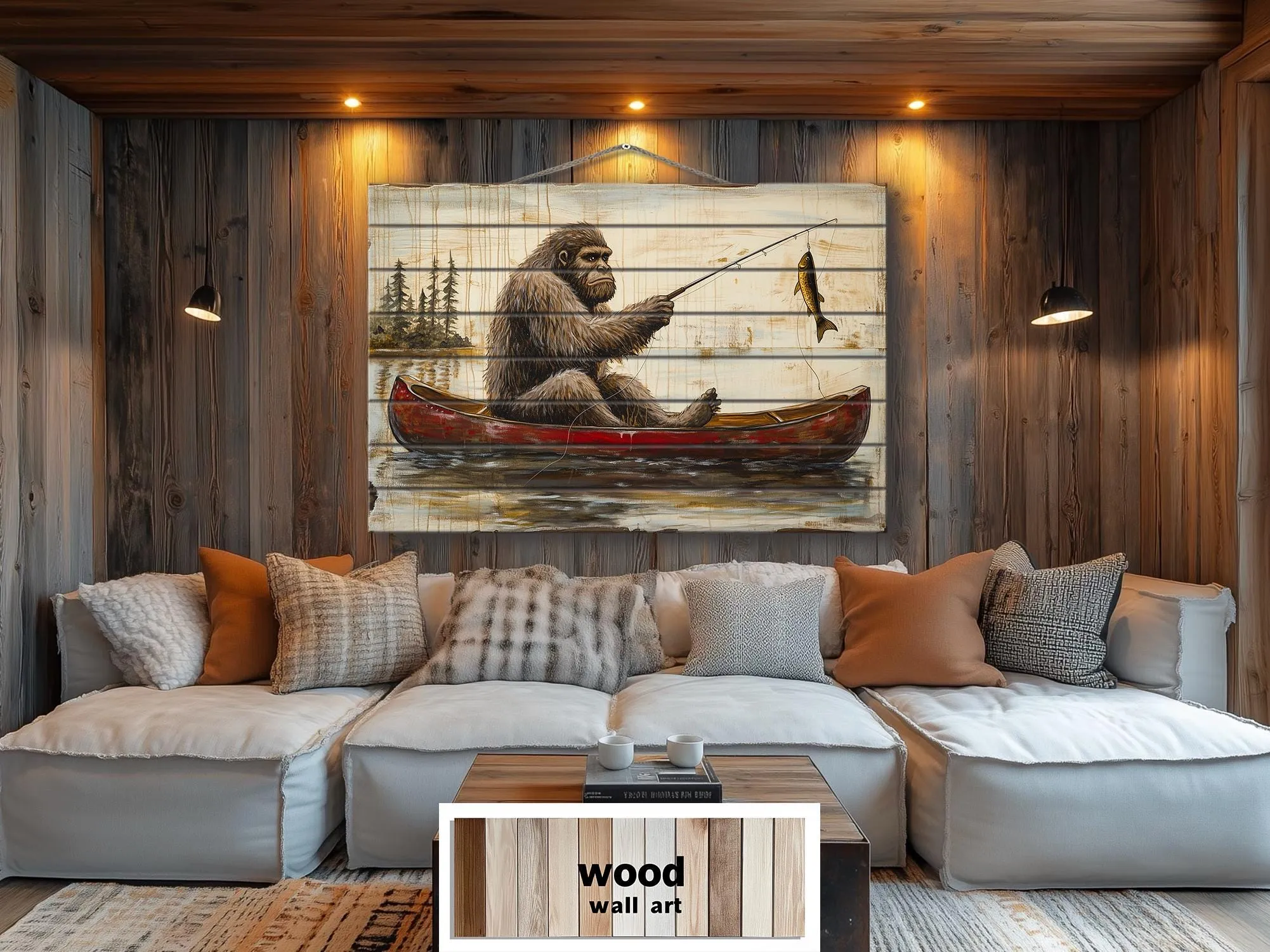 Bigfoot Fishing In Red Canoe Distressed Wood Wall Art