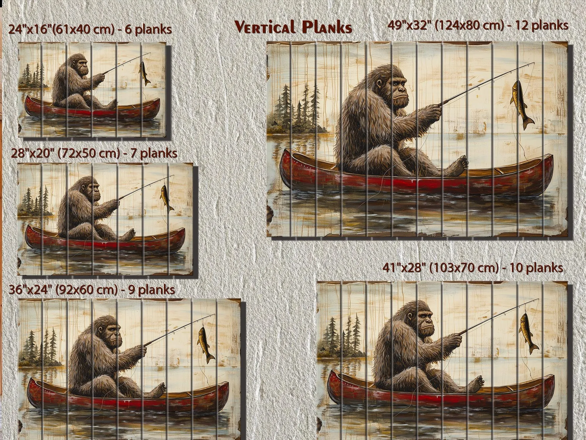 Bigfoot Fishing In Red Canoe Distressed Wood Wall Art