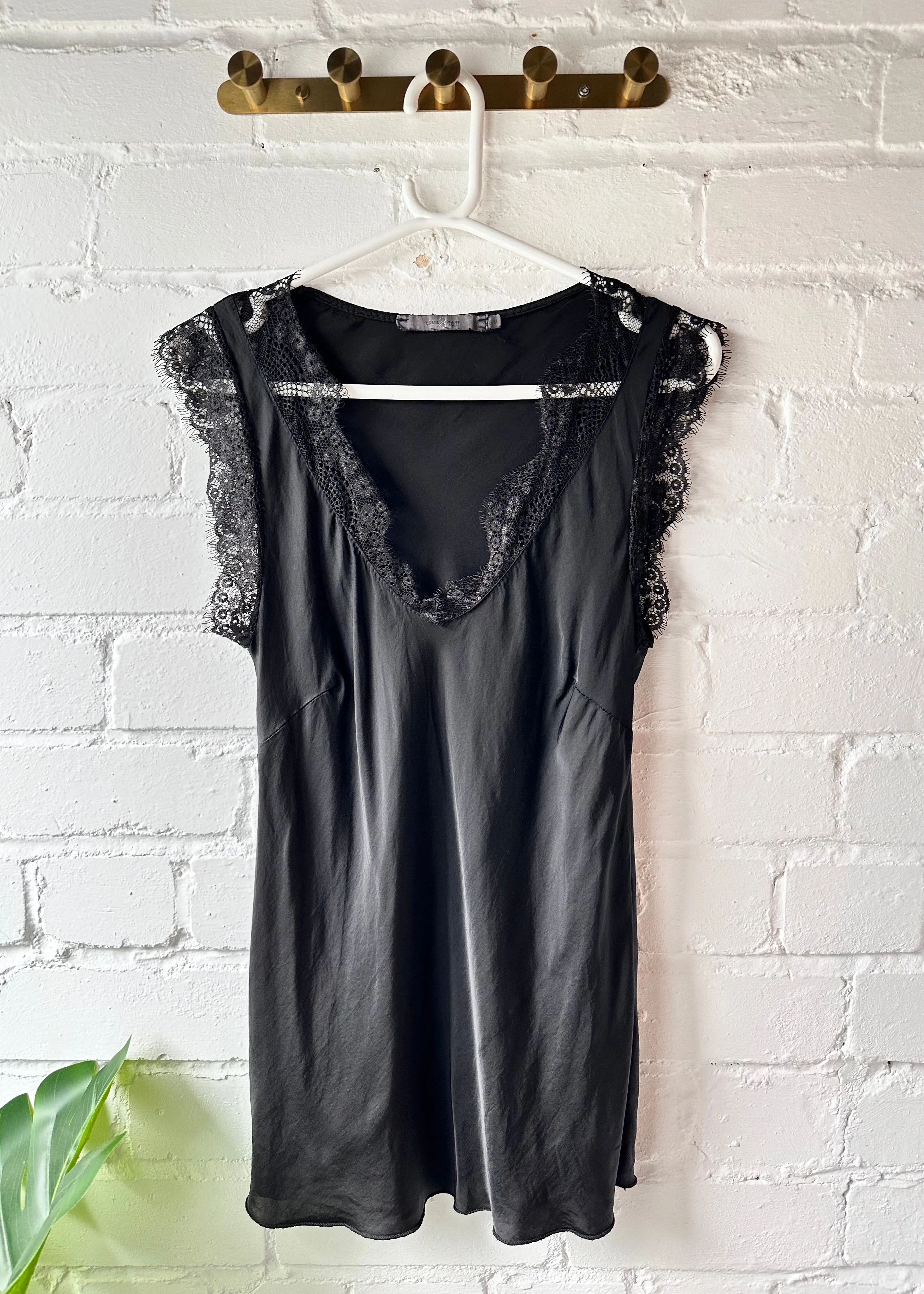 Black Satin/Lace V Neck Top