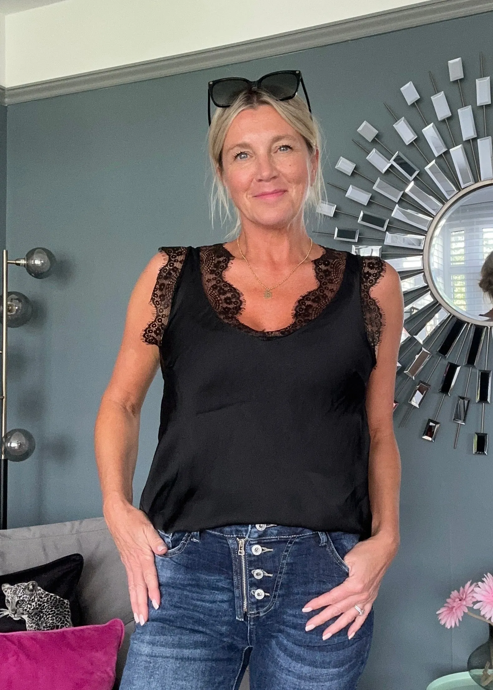 Black Satin/Lace V Neck Top