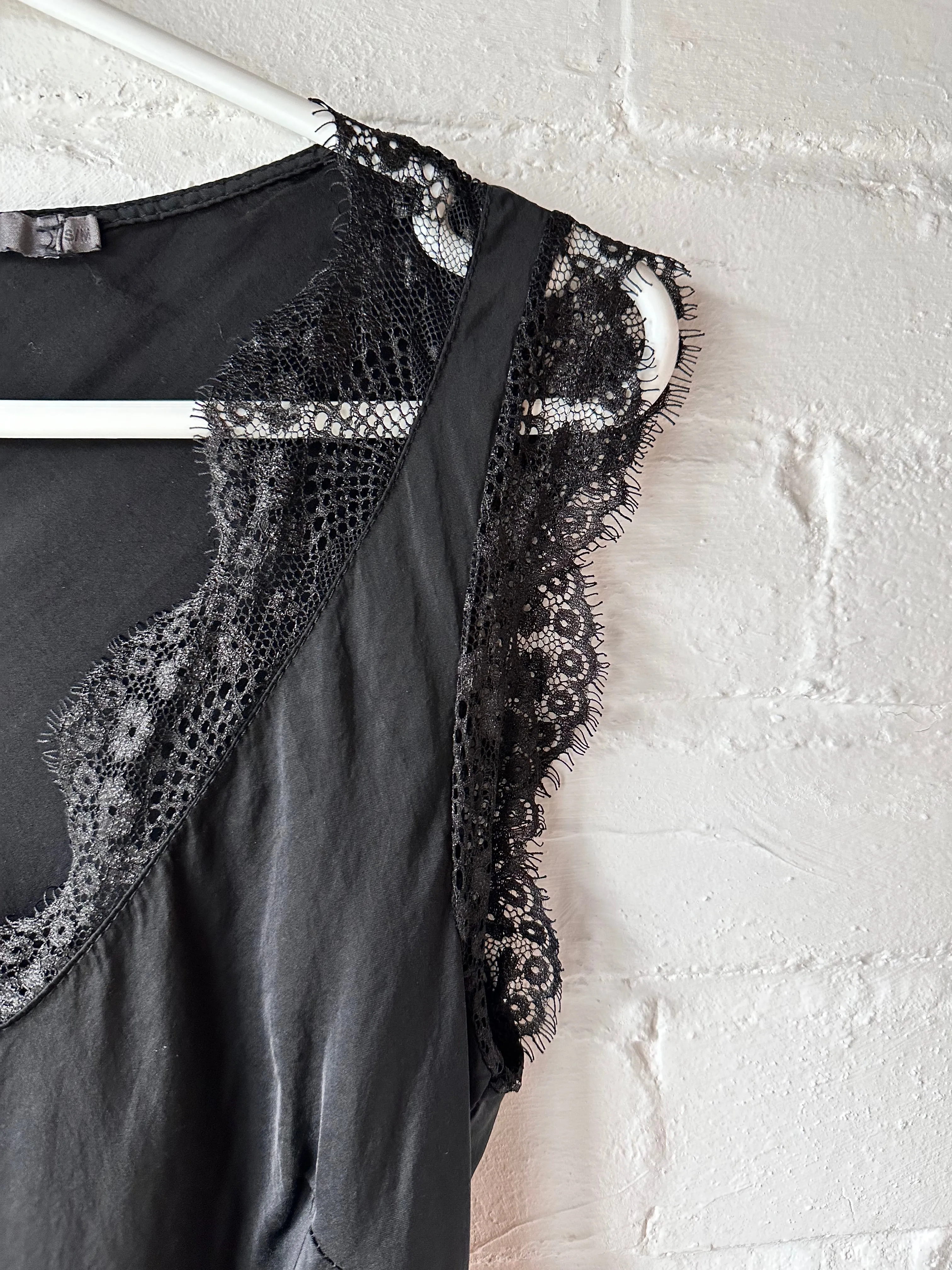 Black Satin/Lace V Neck Top