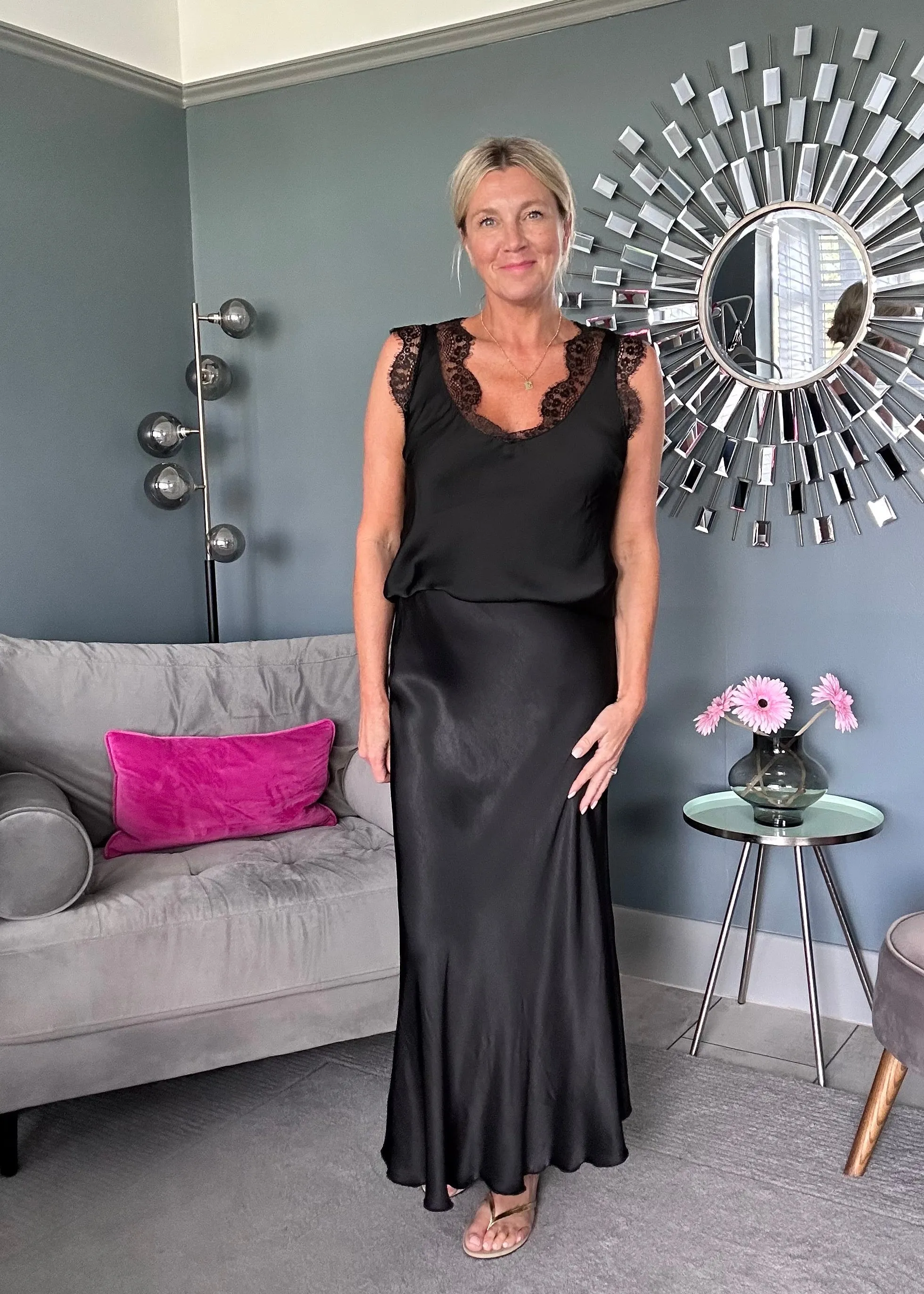 Black Satin/Lace V Neck Top