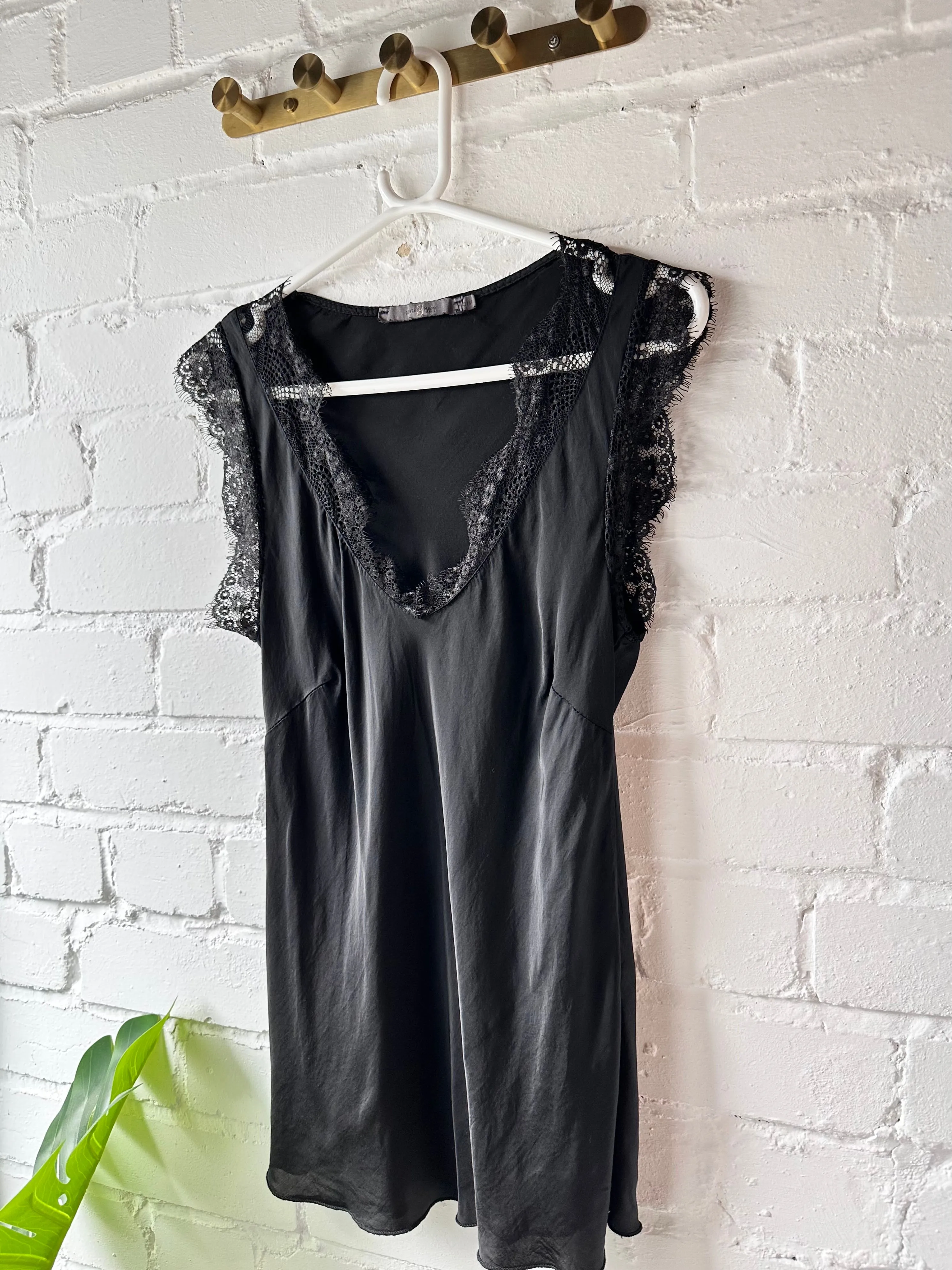 Black Satin/Lace V Neck Top
