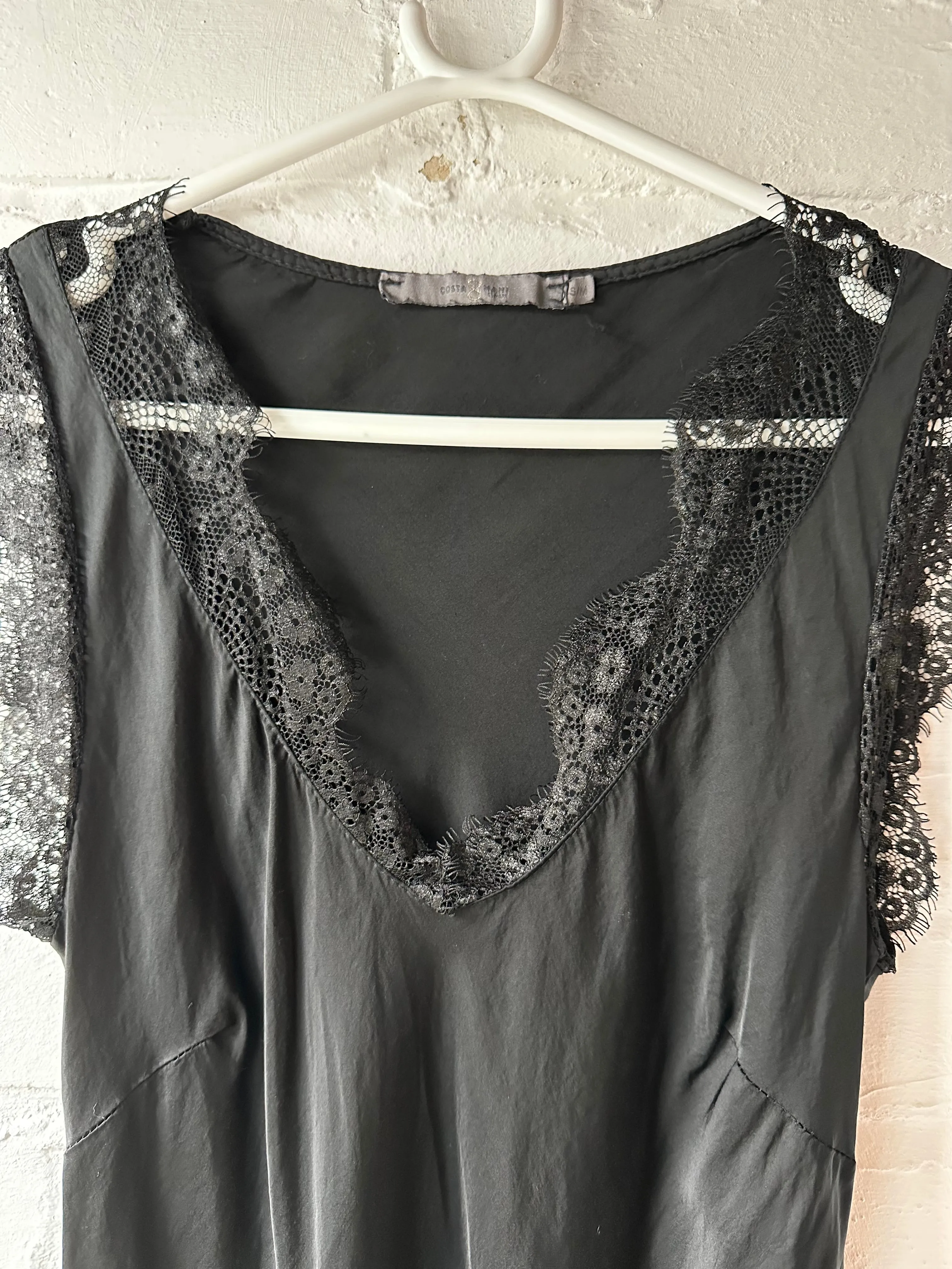 Black Satin/Lace V Neck Top