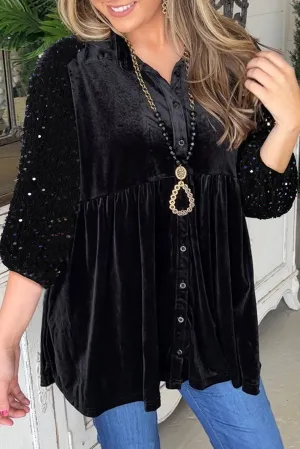 Black Sequin Puff Sleeve Buttoned Velvet Peplum Shirt