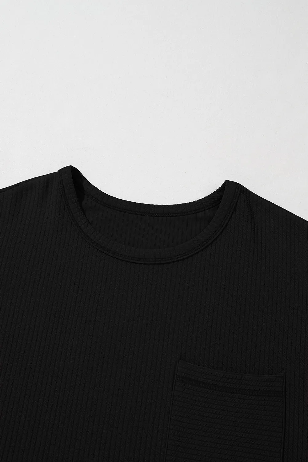 Black Solid Color Corded Drop Shoulder Long Sleeve Top