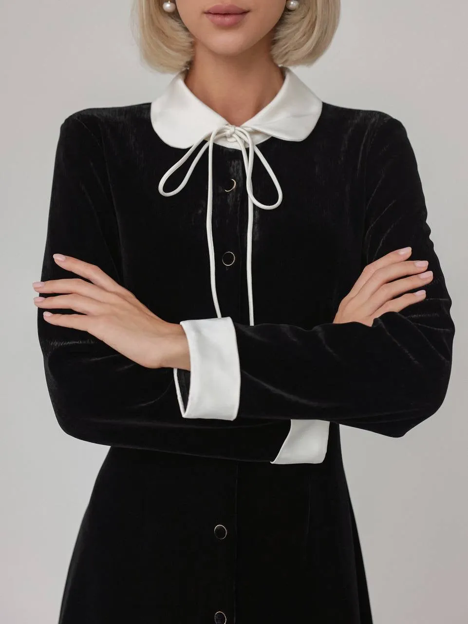 Black Velvet Midi Dress with White Collar