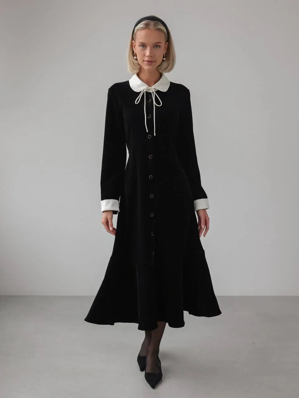 Black Velvet Midi Dress with White Collar