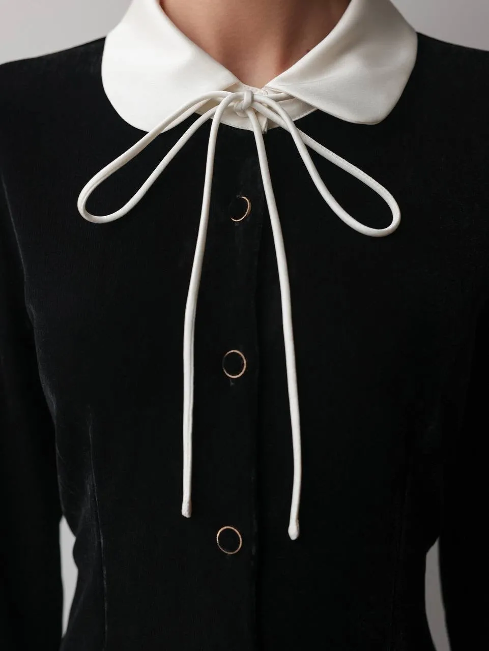 Black Velvet Midi Dress with White Collar