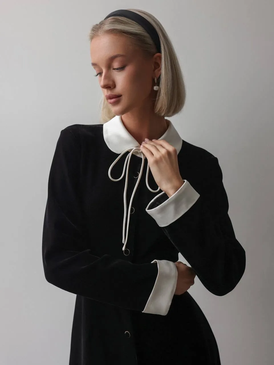 Black Velvet Midi Dress with White Collar