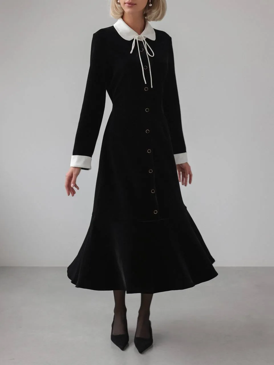 Black Velvet Midi Dress with White Collar