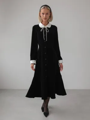 Black Velvet Midi Dress with White Collar
