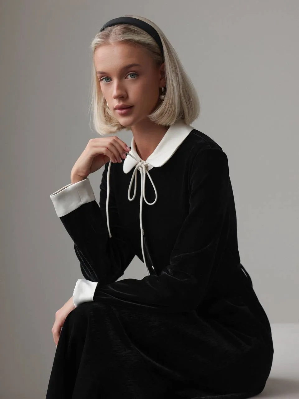 Black Velvet Midi Dress with White Collar